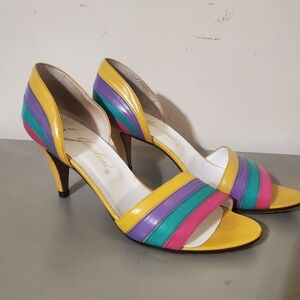 Vintage Italian Rainbow Colorful Kitten Heel Shoes Size 7 Retro Yellow Stripe